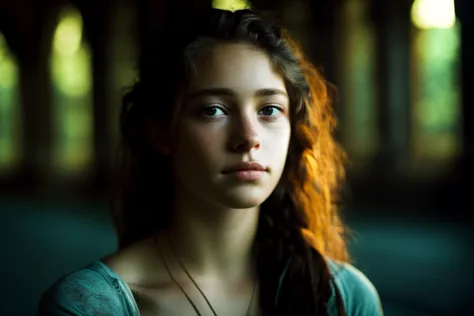 A film still of a portrait of a orgeous teen woman, blurry background, in a abandoned church, , set in 2010