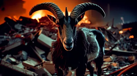 Night shot. an evil goat standing in the rubble of the city he just destroyed. Highly detailed black clumpy fur, horns, red eyes, fire. Low angle shot.