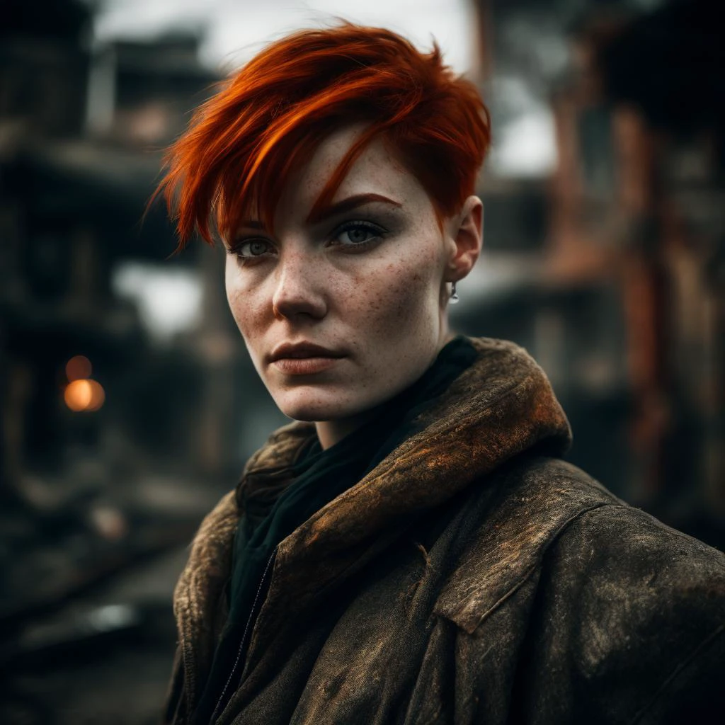 RAW photo, a close up portrait photo of 30 y.o woman in wastelander clothes, redhair, short haircut, pale skin, slim body, background is city ruins, (high detailed skin:1.2), 8k uhd, dslr, soft lighting, high quality, film grain, Fujifilm XT3