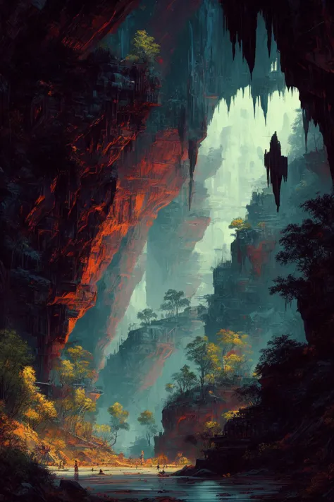 a painting of a cave with a waterfall and people walking in it