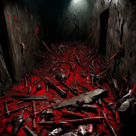 bloody mess, corpses, blood, weapons, dark dungeon, dim flag, dead knight, numerous corpses, arrows, cracked walls, traps