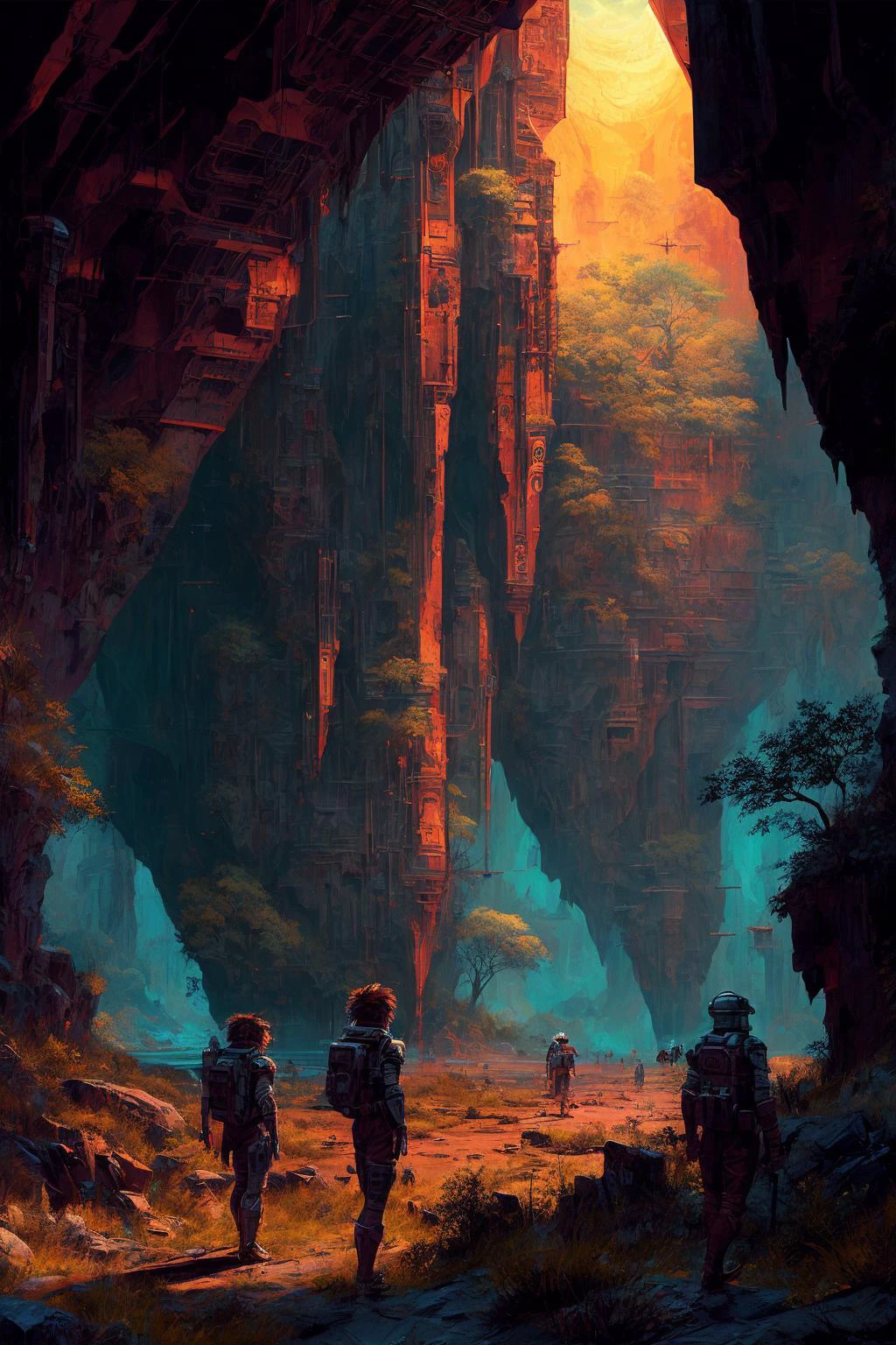 deep caves, caves of the universe. a beautiful digital painting by michael whelan and james gurney, trending on artstation, highly detailed, intricate, sci-fi, sharp focus, octane render. art by james gurney and laurie greasley. masterpiece. rendered in blender, ultra realistic, smooth shading, ultra detailed, high resolution, cinematic, unreal 6, perfect face, cyberpunk, fine details