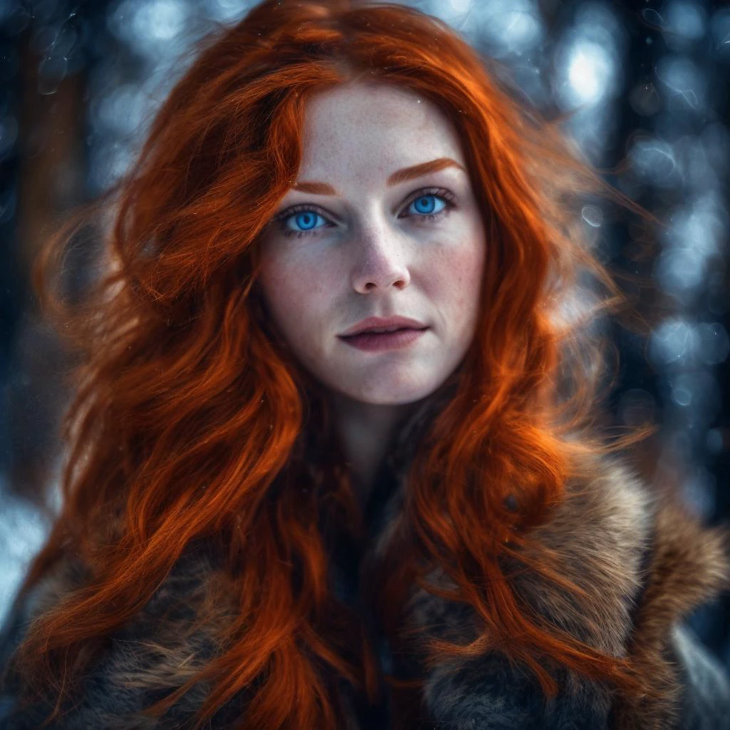 RAW photo, close up of a European woman, ginger hair, deep blue eyes, beautiful face, seductive smirk, winter forest,  windy, intricate details, soft light, exposure blend, HDR