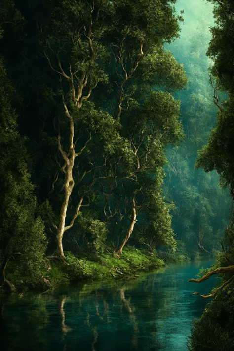 dense forest, mixed forest and trees with a river running through it. the tree is dark blue. by james gurney. trending on artsta...