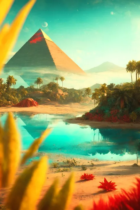 desert, oasis, pyramids in the jungle and mountains with a glowing lake. trending on artstation. halo. octane render, cinematic, hyper realism, octane render, 8k, depth of field, bokeh. iridescent accents. vibrant. teal gold and red color scheme. futuristic sci-fi. highly detailed. vivid color glow. digital artstation. concept art. cinema 4d. ray tracing