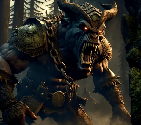 (best quality, masterpiece:1.2), strong orc, attacking, open mouth, big fangs, big horns, (fog:1.3), full body, in the forest, (...