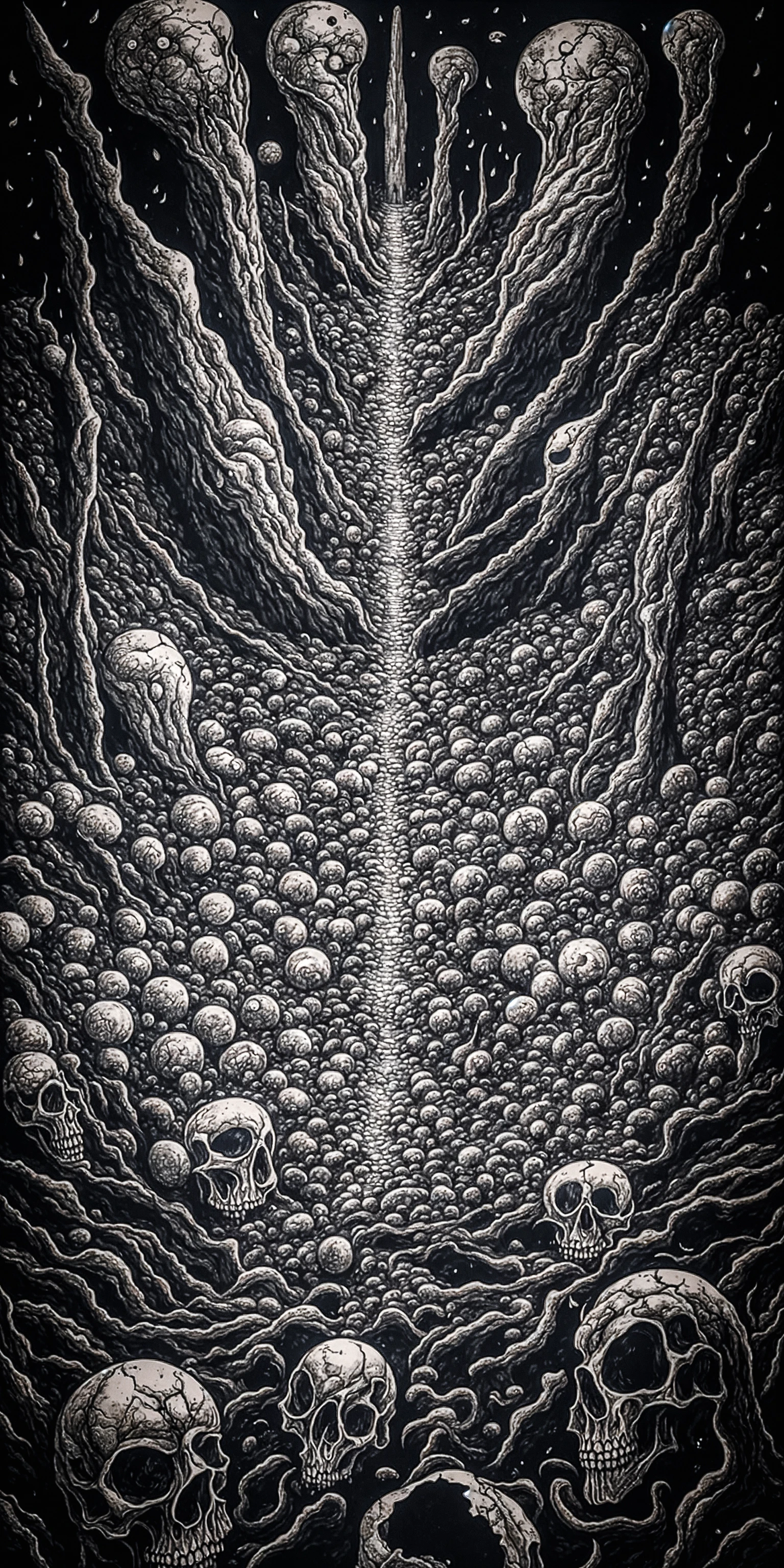 A masterpiece painting of World War 1, Craters,Periscopes,Flanders Fields, Hail, Smoke, Sinister,Shattered, Dread,PTSD,Isolation, Tarot cards, Cross-hatching, Framing, Duotone, ultra detailed, intricate, surrealism, glazing, dry brush, oil on canvas