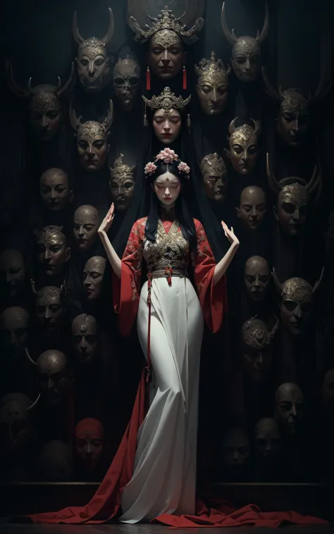 a woman meditating in front of lots of masks, in the style of zhang jingna, photomontage, hirohiko araki, oriental, sergio toppi...