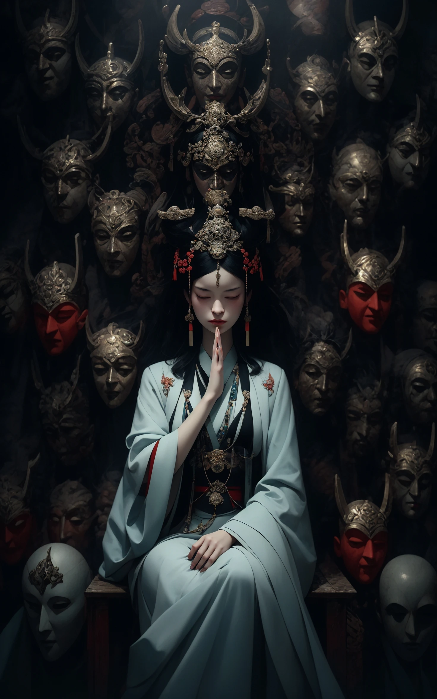a woman meditating in front of lots of masks, in the style of zhang jingna, photomontage, hirohiko araki, oriental, sergio toppi, theatrical, poster art 