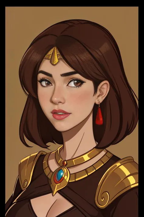 a drawing of a woman with a gold necklace and red earrings