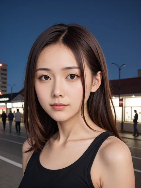 arafed asian woman in black tank top standing on street corner