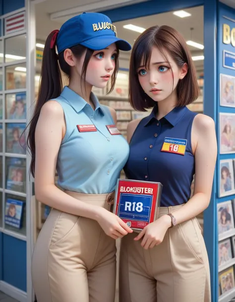 two women in uniforms standing next to each other in front of a store