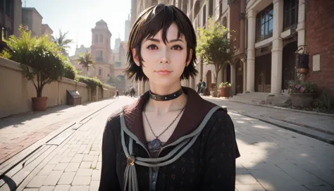 there is a woman standing on a street with a necklace on