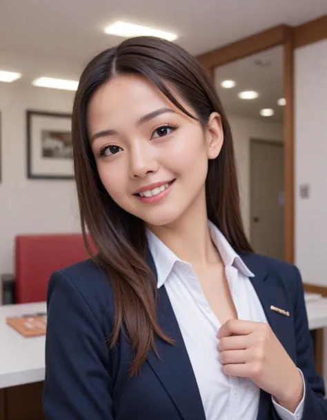 a close up of a woman in a suit posing for a picture