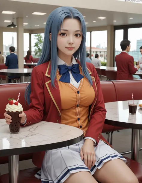 araffe dressed in a school uniform sitting at a table with a cupcake