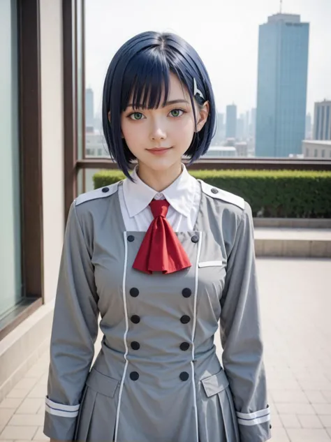 1girl, ichigo, darling in the franxx, green eyes, blue hair, bob cut, blunt ends, hair ornament, hairclip, school uniform, military uniform, two-tone uniform, grey dress, long sleeves, red ascot, emblem,
looking at viewer,official art,clothing, cosplay,photo,uncensored,rating_safe, cowboy shot,pose,inside, city, smile,