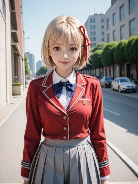 1girl, nishikigi chisato, lycoris recoil, red eyes, blonde hair, short hair, bob cut, red ribbon, hair ribbon, lycoris uniform, collared shirt, long sleeves, grey skirt, red dress, blue ribbon, neck ribbon, pleated skirt,
looking at viewer,official art,clothing, cosplay,photo,uncensored,rating_safe, cowboy shot,pose,outside, city, smile,