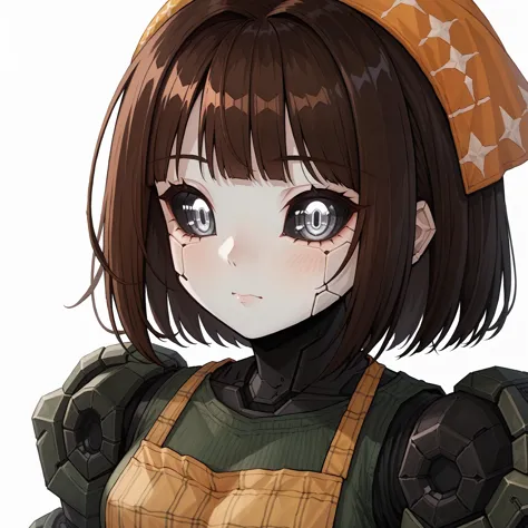 (celiaxl, 1girl, brown hair, grey eyes, plaid apron, green dress, yellow bandana, portrait, Robot girl, Mecha, Android, mechanical limbs, robot joints, metal skin, black sclera, no mouth, armor, glowing eyes, no face), score_9, score_8_up, score_7_up