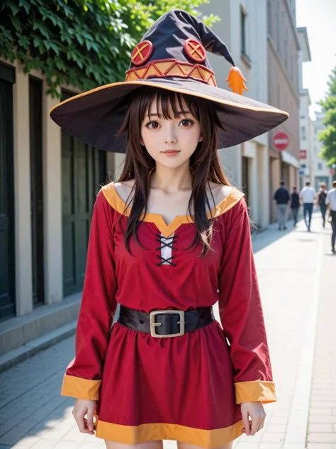 1 Mädchen, Megumin, kono subarashii sekai ni shukufuku wo!, Hexen Hut, 
 Cosplay-Kostüm, Kostüm, offizielle Kunst, Foto, Perfekte Beleuchtung, Bewertung_sicher, Draußen, Straße, Cowboy-Schuss,Betrachter betrachten,