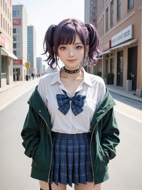 1girl, tanaka mamimi, idolmaster, purple eyes, purple hair, short twintails, diagonal bangs, earrings, school uniform, green jacket, open jacket, black choker, spiked choker, plaid bowtie, blue bow, loose bowtie, white shirt, collared shirt, collarbone, off shoulder, sleeves past wrists, blue skirt, plaid skirt, pleated skirt, miniskirt, garter straps, thigh strap, single thighhigh, printed thighhigh, multicolored thighhigh, green thighhigh, uneven legwear, fingernails, purple nails,
looking at viewer,official art,clothing, cosplay,photo,uncensored,rating_safe, cowboy shot,pose,outside, city, smile,