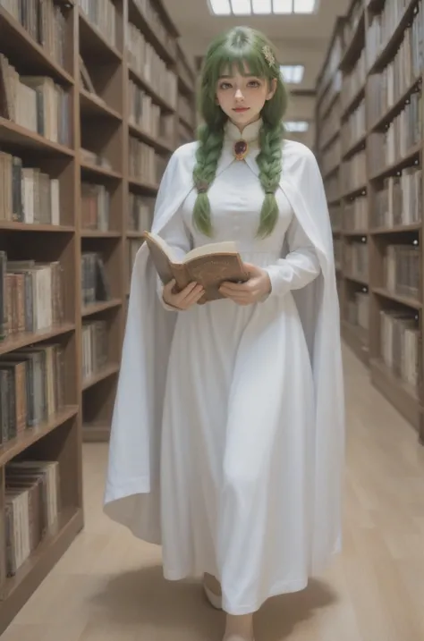 a woman in a white dress and cape holding a book