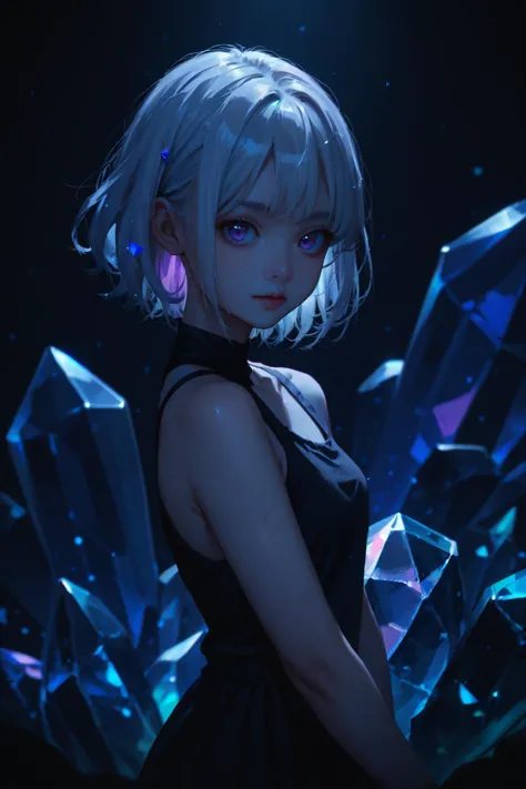 score_9, score_8_up, score_7_up, source_anime, 1girl, crystal skin, multicolored background, white hair, purple eyes, night, <lora:lowlight:1>  dark ambience, backlighting,