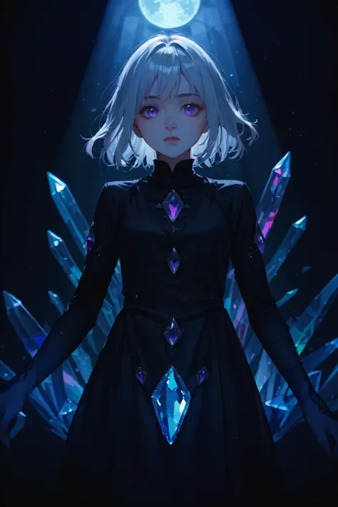 score_9, score_8_up, score_7_up, source_anime, 1girl, crystal skin, multicolored background, white hair, purple eyes, night, <lo...