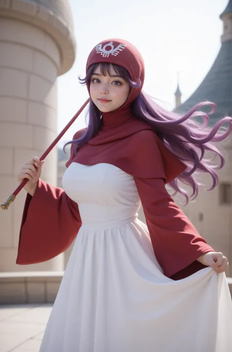 rating_safe,score_9, score_8_up, score_7_up, score_6_up, score_5_up,photo realistic
,photo,ultra-detailed purple hair, many detailed tangle hair streak,airly hair,looking at viewer
,big breast,(face blush,nose blush),
<lora:princess-of-moon-brook-ponyxl-lora-nochekaiser:1>princess of moonbrook, purple eyes,  long hair,boots, bridal gauntlets, dress,red hood, hood up, long sleeves, red footwear, white dress, wide sleeves,
standing ,holding cane with majic jem
,100-400mm lens,  best composition, (blurry:1.2)
,Rooftop of a stone tower, strong wind blowing, hair fluttering