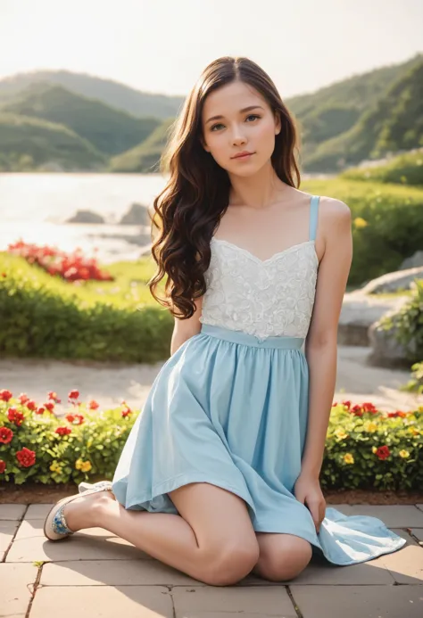 a woman sitting on the ground in a blue dress