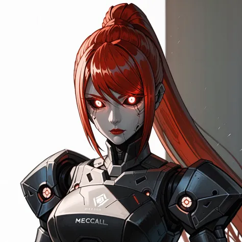 (Robot girl, Mecha, Android, mechanical limbs, robot joints, metal skin, black sclera, no mouth, armor, glowing eyes, no face), score_9, score_8_up, score_7_up, Samus, portrait