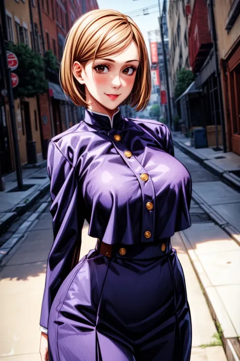 best quality, masterprice, 1girl, (solo:1.1), raytracing, ultra detailed,detailed face, 8k wallpaper, large breasts, smile, wide hips, NobaraNDV, brown hair, brown eyes, jujuntsu uniform, standing, outdoor, street, detailed background, (ultra detailed:1.2)