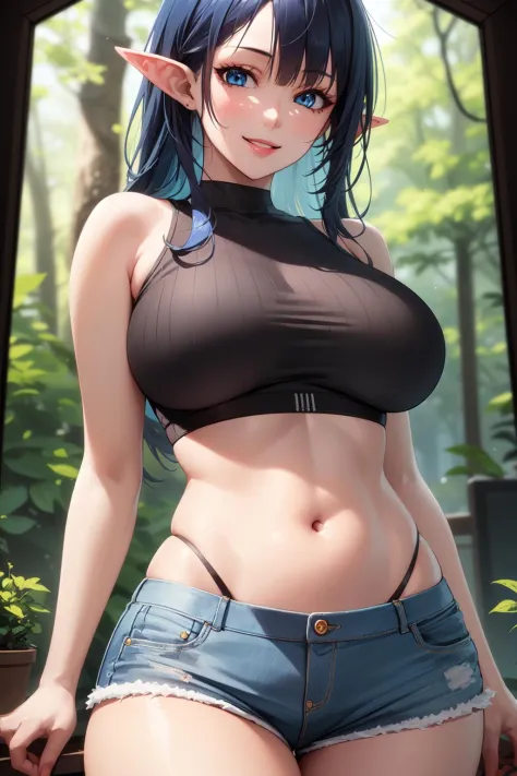 (best quality, masterpiece:1.2), 1girl, (solo:1.1), (raytracing, ultra detailed,detailed face:1.3), 8k wallpaper, large breasts, smile, wide hips, pointy ears, forest, detailed, blue eyes, blue hair, shorts, crop top