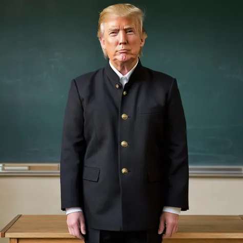 Generate an image in a realistic style, depicting Donald Trump dressed in a traditional Japanese junior high school uniform from...