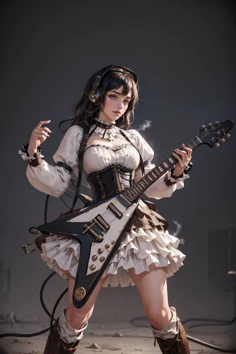 (best quality, ultra detailed), steampunk, washed out, 1girl, solo, (playing electric guitar, electric guitar:1.1), <lora:guitar...