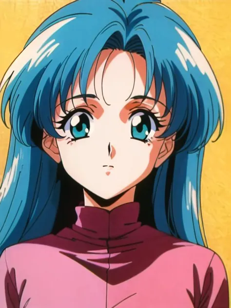 masterpiece, anri, 1girl, green hair, forehead, aqua eyes, solo, long hair, (1980s style:1.3), (anime: 0.91), beautiful eyes, beautiful face, upper body,