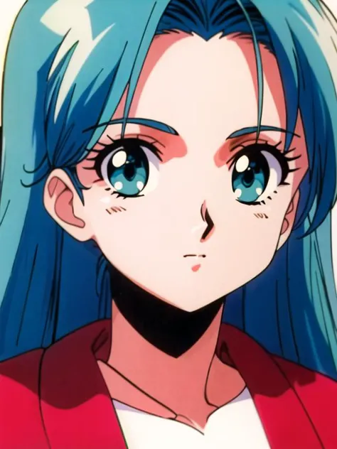 a close up of a woman with blue hair and a red jacket