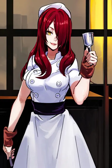 <lora:Alex_Ahad_Style:0.8>,((masterpiece,best quality)), absurdres, <lora:Kobayashi_Rindou_Shokugeki:0.8>, Kobayashi_Rindou_Shokugeki, 1girl, solo, red hair, long hair, hair over one eye, yellow eyes, chef, white smock, solo, smiling, looking at viewer, cowboy shot,