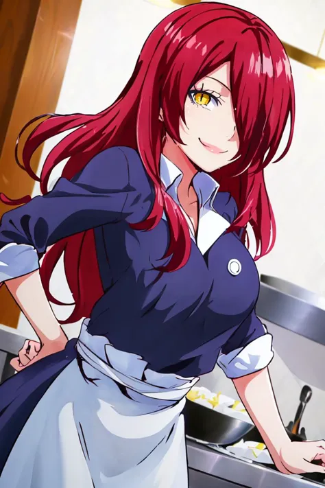 <lora:hoshino_fuuta_style:0.8>,((masterpiece,best quality)), absurdres, <lora:Kobayashi_Rindou_Shokugeki:0.8>, Kobayashi_Rindou_Shokugeki, 1girl, solo, red hair, long hair, hair over one eye, yellow eyes, chef, white smock, solo, smiling, looking at viewer, cowboy shot,