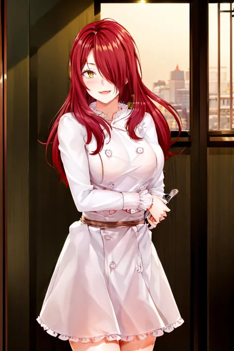 anime girl with red hair and white dress holding a knife