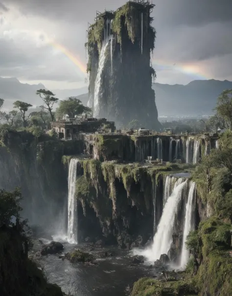 overgrown postapocalyptic ruins, birds in the sky, a rainbow, waterfall : : close shot : : 3 5 mm, realism, octane render, 8 k, exploration, cinematic, trending on artstation, realistic, 3 5 mm camera, unreal engine, hyper detailed, photo - realistic maximum detail, volumetric light, moody cinematic epic concept art, realistic matte painting, hyper photorealistic, concept art, volumetric light, cinematic epic, octane render, 8 k, corona render, movie concept art, octane render, 8 k, corona render, cinematic, trending on artstation, movie concept art, cinematic composition, ultra - detailed, realistic, hyper - realistic, volumetric lighting, 8 k