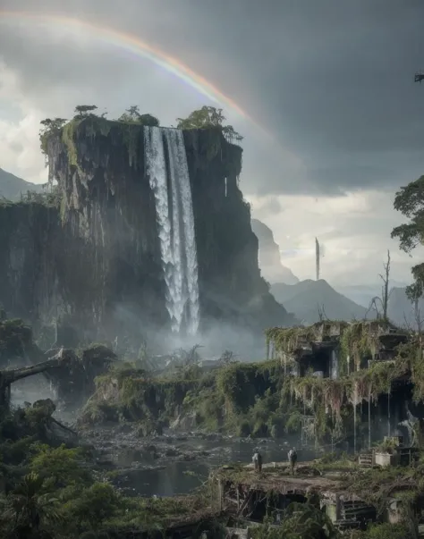 a rainbow appears over a waterfall in the jungle