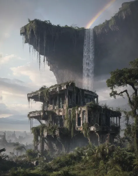 overgrown postapocalyptic ruins, birds in the sky, a rainbow, waterfall : : close shot : : 3 5 mm, realism, octane render, 8 k, exploration, cinematic, trending on artstation, realistic, 3 5 mm camera, unreal engine, hyper detailed, photo - realistic maximum detail, volumetric light, moody cinematic epic concept art, realistic matte painting, hyper photorealistic, concept art, volumetric light, cinematic epic, octane render, 8 k, corona render, movie concept art, octane render, 8 k, corona render, cinematic, trending on artstation, movie concept art, cinematic composition, ultra - detailed, realistic, hyper - realistic, volumetric lighting, 8 k