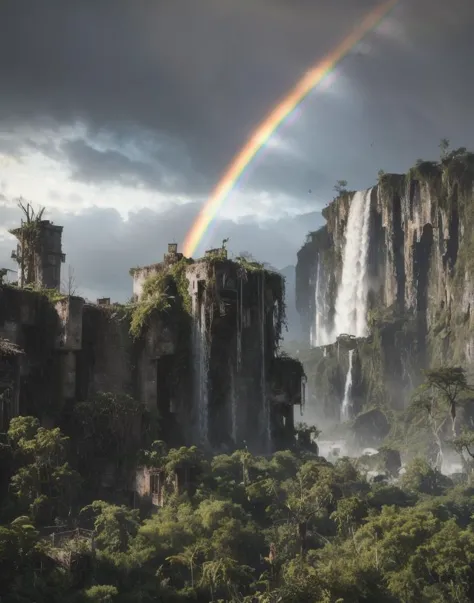 overgrown postapocalyptic ruins, birds in the sky, a rainbow, waterfall : : close shot : : 3 5 mm, realism, octane render, 8 k, exploration, cinematic, trending on artstation, realistic, 3 5 mm camera, unreal engine, hyper detailed, photo - realistic maximum detail, volumetric light, moody cinematic epic concept art, realistic matte painting, hyper photorealistic, concept art, volumetric light, cinematic epic, octane render, 8 k, corona render, movie concept art, octane render, 8 k, corona render, cinematic, trending on artstation, movie concept art, cinematic composition, ultra - detailed, realistic, hyper - realistic, volumetric lighting, 8 k