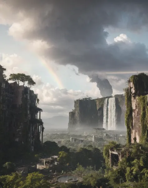 a view of a waterfall and a rainbow in the sky