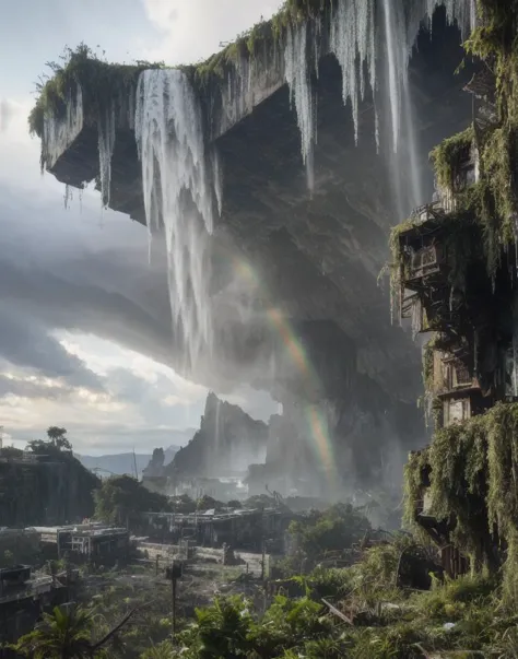 a view of a waterfall in a jungle with a rainbow in the sky