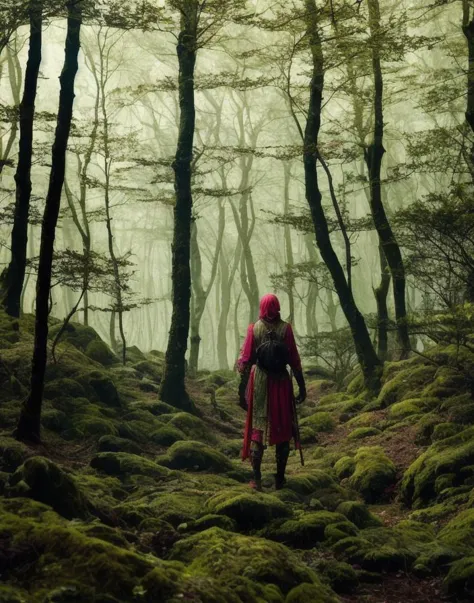 arafed man in red jacket walking through a forest with moss