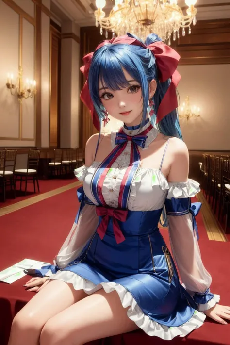 (masterpiece:1.2, best quality:1.2),  (pale skin), (((((ribbons, bows, frills, jewelry))))), ((dress)), hair ribbon, ((blue hair...