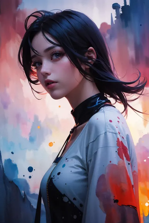 fantasy,high contrast,ink strokes,explosions,over exposure,purple and red tone impression,abstract,((watercolor painting by John Berkey and Jeremy Mann )) brush strokes,negative space,masterpiece,best quality,(photorealistic:1.4),(ultra detailed:1.3),masterpiece,unity 8k wallpaper,1girl,