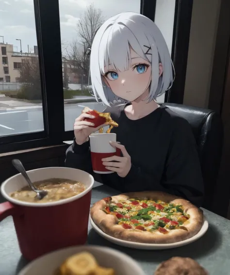 anime girl eating a pizza and drinking a drink at a table