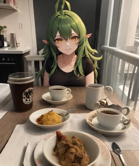 masterpiece, best quality, absurdres, detailed, ultra-detailed, photo background, gavial, 1girl, green hair, yellow eyes, pointy ears, looking at viewer, smile, sitting, food, solo focus, cup, pov, chair, table, teacup, out of frame, mug, coffee, <lora:fictional-cosmetics-10:1> <lora:Gavial:1>